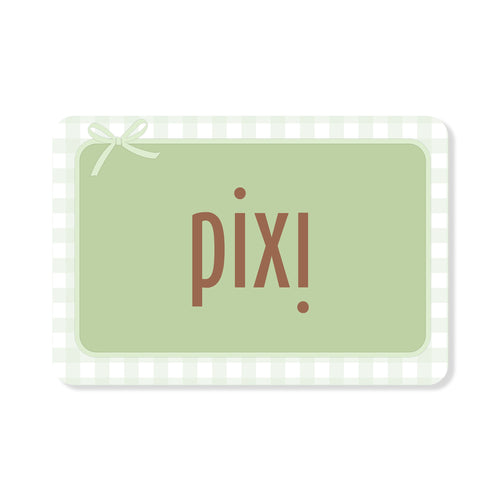 Pixi Gift Card with ribbon and green and white border design
