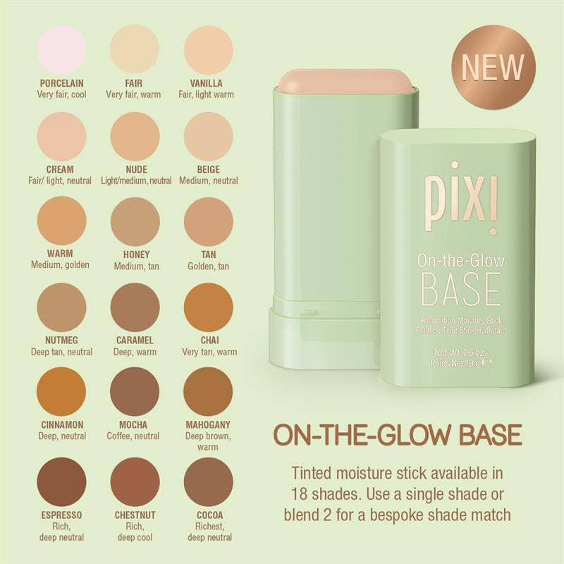 On the Glow Base shades.  On-the-Glow Base shades 18 shades of tinted moisture stick available.  Use a single shade or blend 2 for a bespoke shade match. view 2