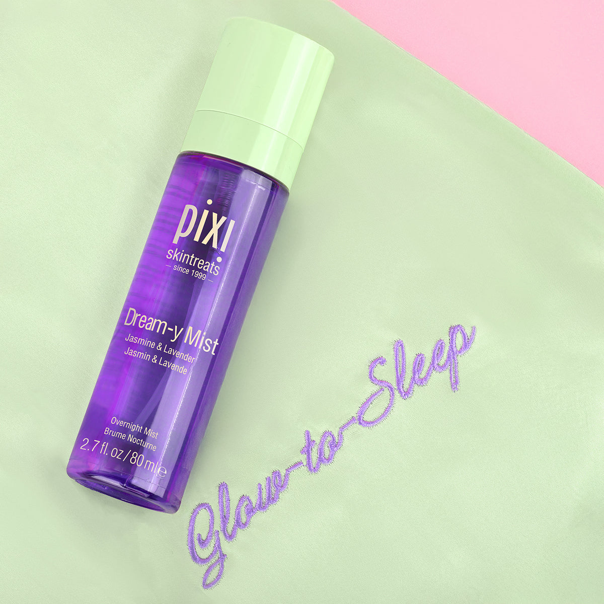 Pixi Green Pillow Case with Glow-to-Sleep embroidery and Dream-y Mist