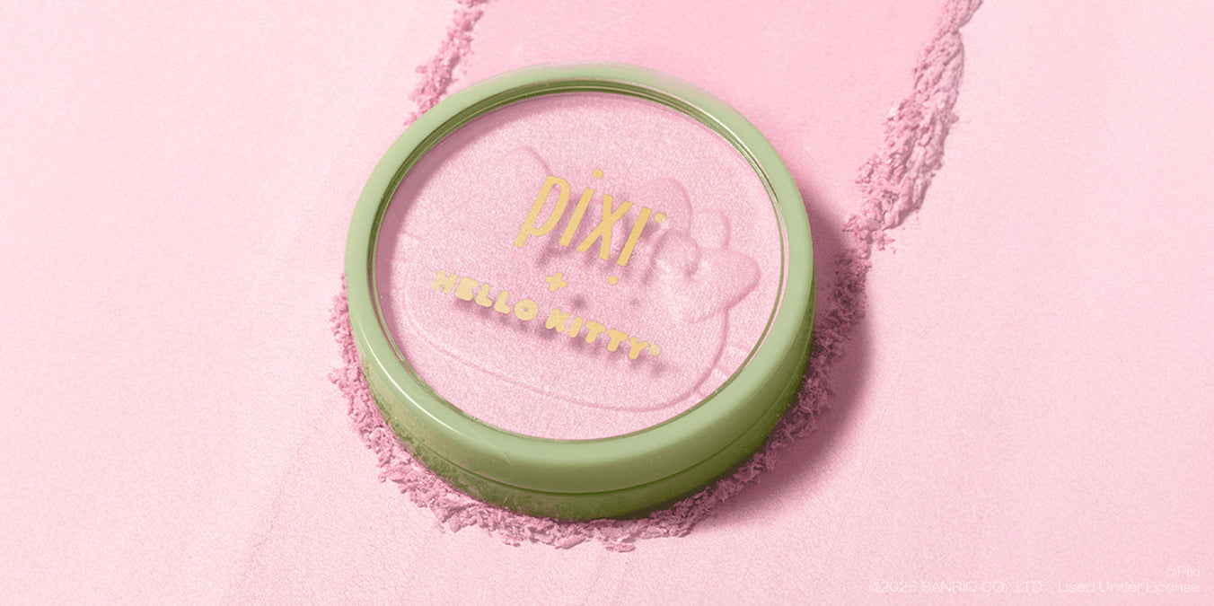 Pixi + Hello Kitty Hello Glow-y Powder shown on pink background in Sweet Glow shade