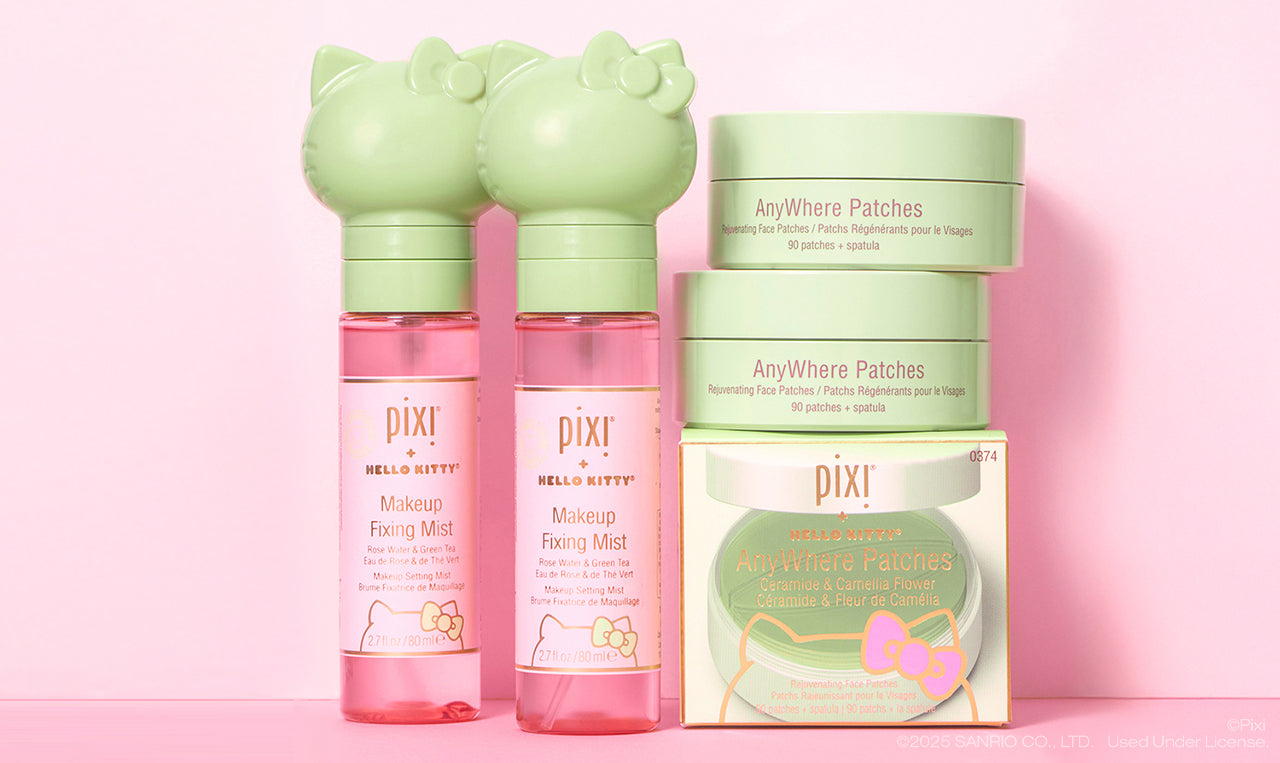 Pixi + Hello Kitty Makeup Fixing Mist and AnyWhere Patches on a pink background