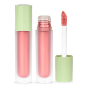 Lip gloss with pink shade and green cap on a white background