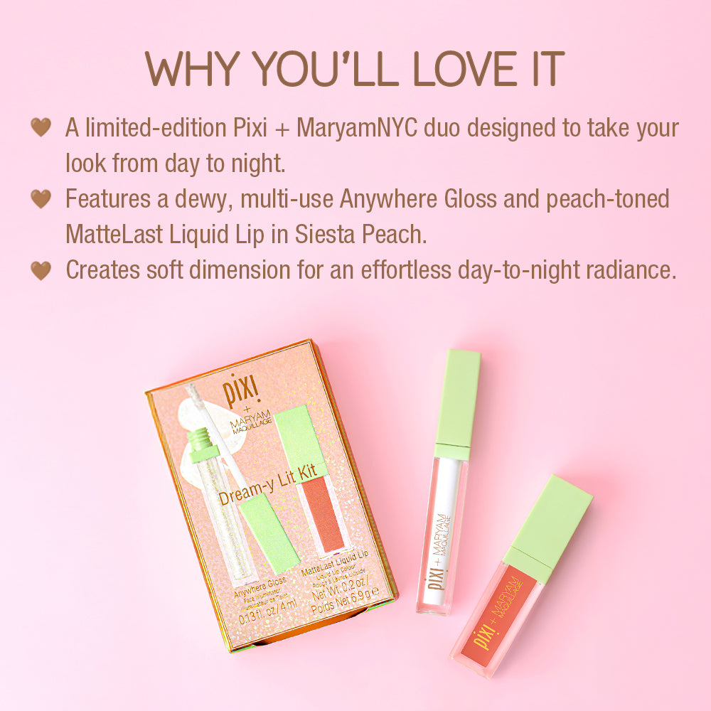 WHY YOU’LL LOVE IT: A limited-edition Pixi + MaryamNYC duo designed to take your look from day to night. Features a dewy, multi-use Anywhere Gloss and peach-toned MatteLast Liquid Lip in Siesta Peach. Creates soft dimension for an effortless day-to-night radiance.