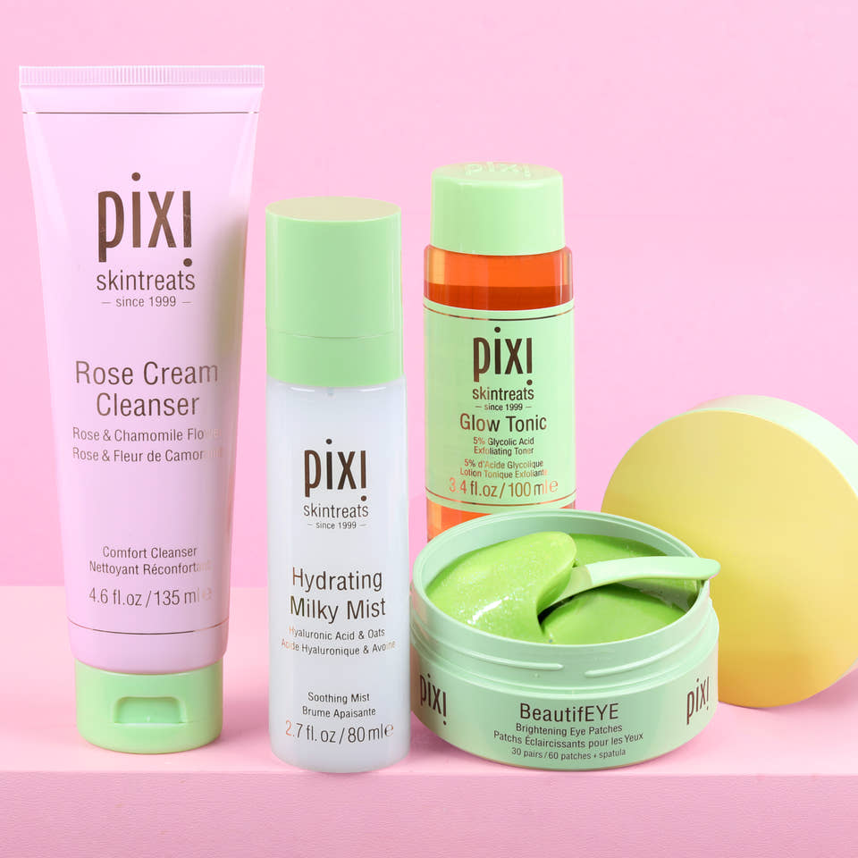 Pixi skincare products on a pink background view 2