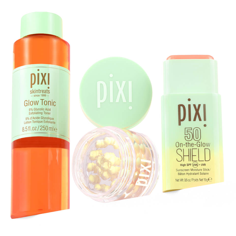 Bundle image shown on a white background featuring Glow Tonic, Vitamin-C CremeSerum and On-the-Glow SHIELD SPF 50 - View 1 view 2