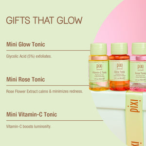 Gifts that Glow - Mini Glow Tonic Glycolic Acid 5% exfoliates. Mini Rose Tonic Rose flower extract calms & minimizes redness. Mini Vitamin-c Tonic Vitamin-C boosts luminosity.
