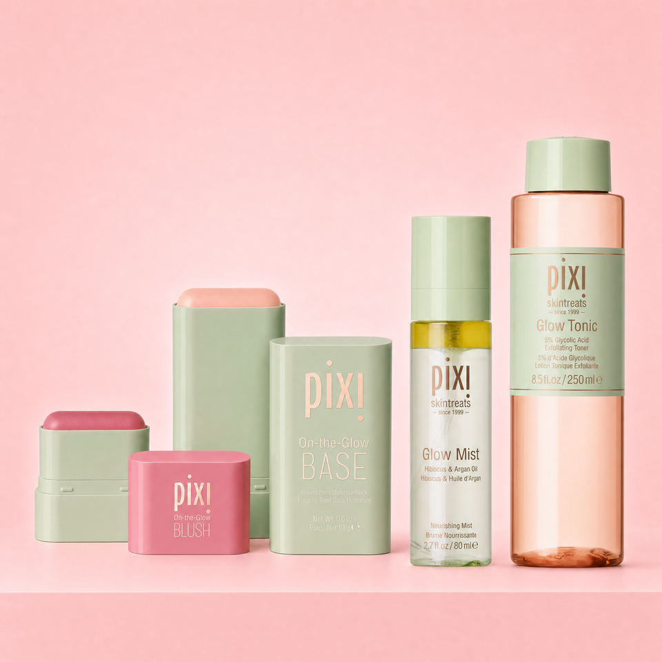Bundle shown on a pink background featuring On-the-Glow BLUSH Petite, On-the-Glow BASE, Glow Mist, and Glow Tonic Original Size view 1