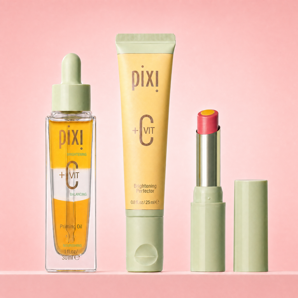 Bundle shown on a pink background featuring +C Vit Priming Oil, Brightening Perfector, and Lip Brightener view 1